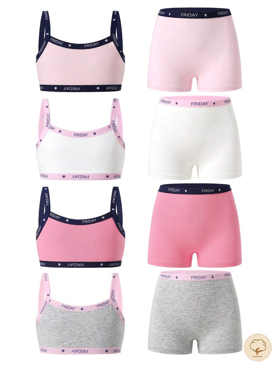 4pcs/Set Girls' Cotton Solid Color Camisole & Boyshort Underwear Set, Includes Pink, Light Yellow, Light Purple, Burgundy - Multicolor - View 1