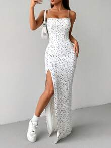 SHEIN PETITE 白色碎花高開衩長版細肩帶洋裝，適合嬌小女性 - 白色 - 查看 1