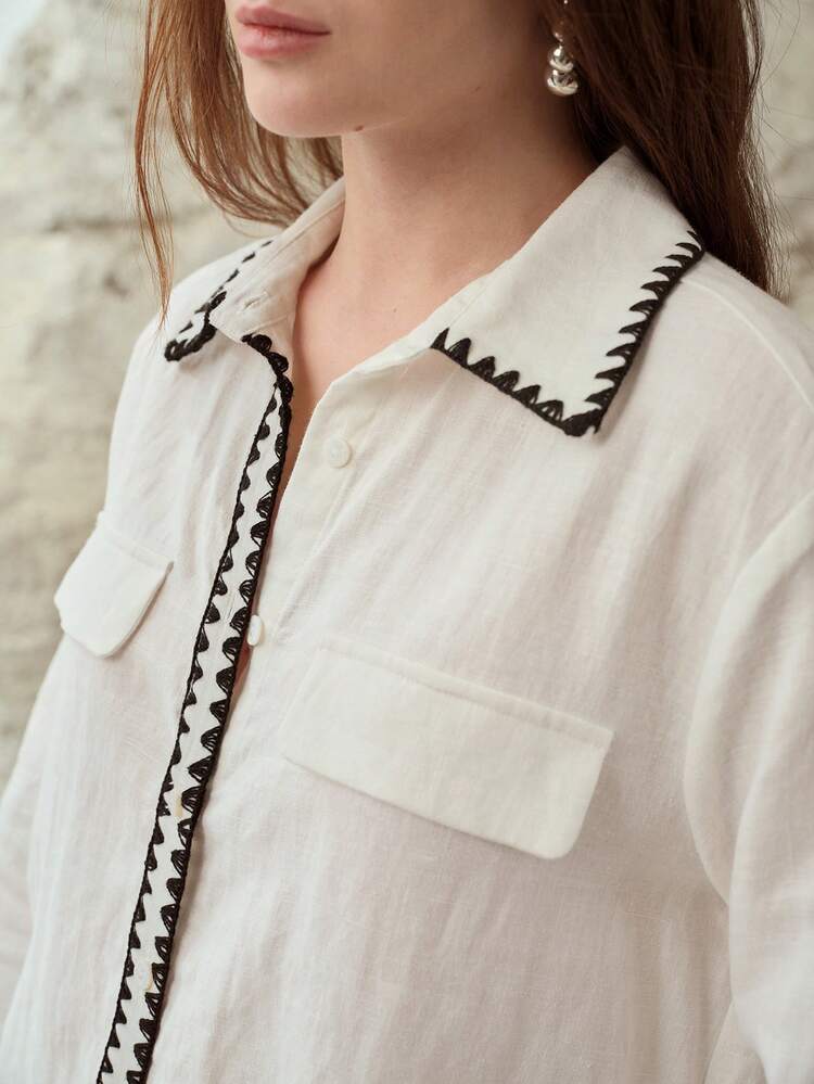 100% LINEN SHELL EMBROIDERED UTILITY POCKET LONG SLEEVE SHIRT, SPRING/SUMMER