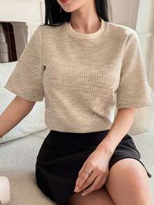 DAZY 女士圆领短袖休闲宽松百搭T恤 - 杏色 - 查看 6