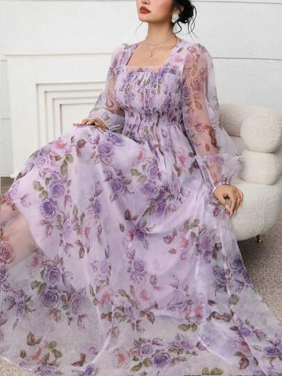 Feyla Plus Size Women Floral Print Lantern Sleeve Square Neck Elegant Dress Purple Floral Dress Women Floral Gown