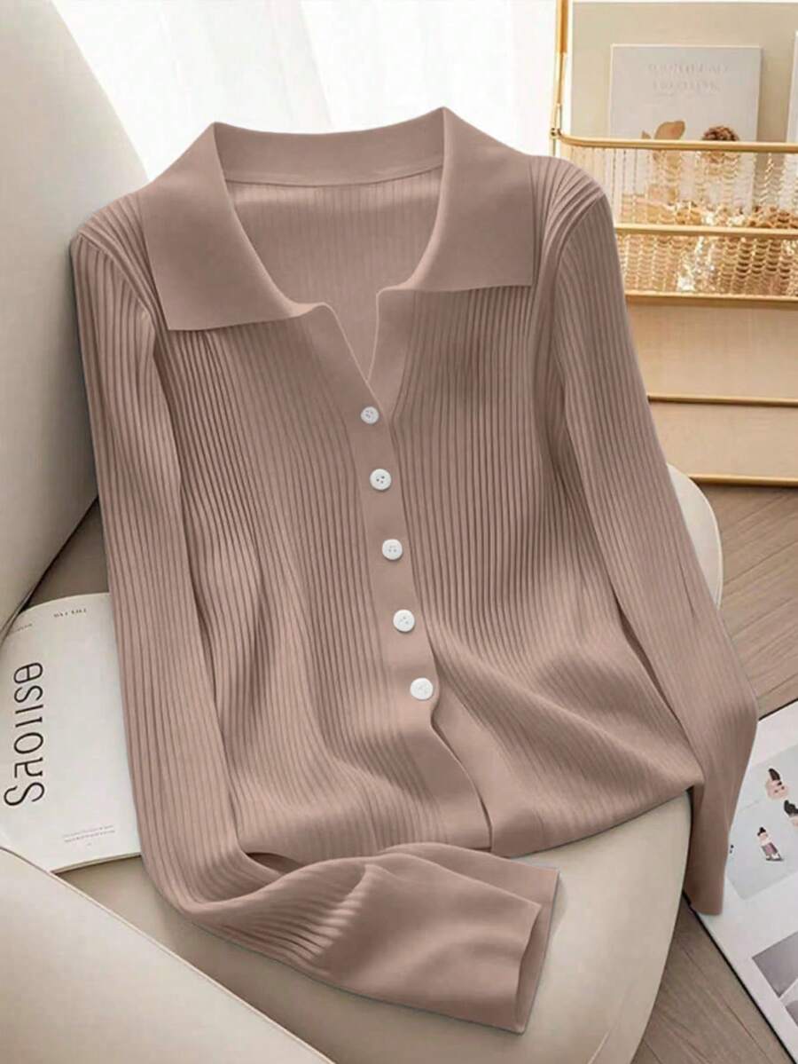 SHEIN Franclia 新款春秋季修身短款法式Polo领时尚百搭女士针织开衫 - 藕粉色 - 查看 1
