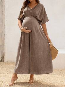 SHEIN Maternity V-Neck Ruched Waist Casual Dress For Summer - Camel - View 4