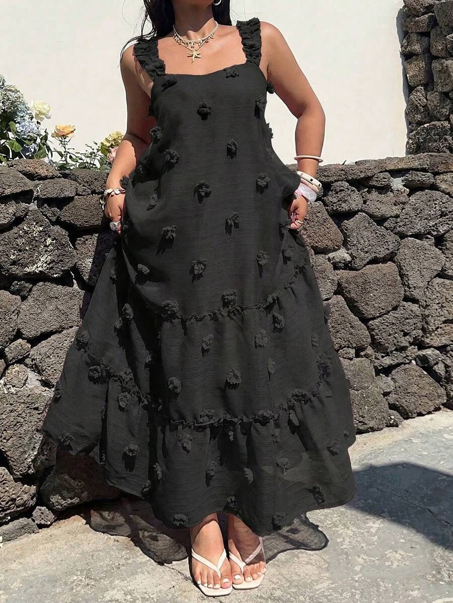 Sunnyshic 大码方领吊带A字连衣裙，度假风 - 黑色 - 查看 1