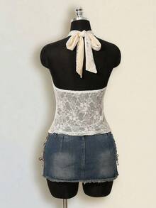 SHEIN ICON Áo tank top ren nữ, vạt lệch, cổ yếm chéo - Màu be - Xem 2