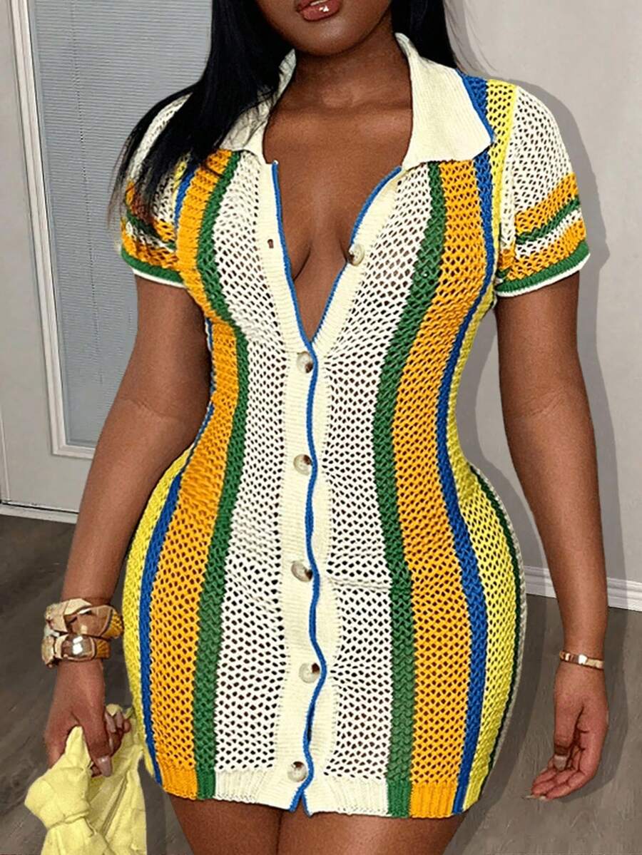 Slaydiva 秋冬新款女装：休闲度假日常约会翻领开襟衬衫裙，黄蓝白条纹；针织/钩编迷你裙；女士毛衣连衣裙，大码针织连衣裙 - 黃色 - 查看 1