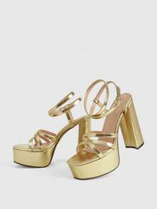 CUCCOO LuxiPop Women Shoes Classic Simple Thick Heel Platform High Heel Sandals Metal Material Thin Strap Combination Sexy Nightclub Banquet Ball Women's Shoes Dating Elegant Holiday Sexy Wear Women's Shoes, Holiday Wear, Travel Must-Have, 2000's Style - Gold - View 6