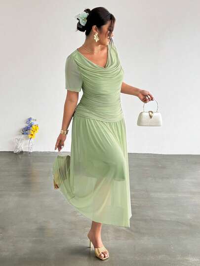 Firerie 大码优雅纯色荷叶边领褶皱连衣裙，夏季