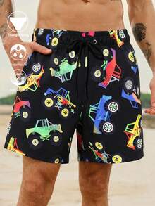 Manfinity Swimmode Men's Summer Vacation Off-Road Vehicle Print Drawstring Waist Loose Beach Shorts Mens Swim Trunks Mens Casual Shorts Mens Patterned Shorts Mens Statement Print Shorts - Black - View 8