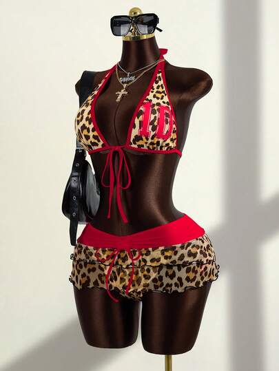 Zestiva 3pcs Women's Leopard Print Halter Swimsuit Set, Including Tie-Up Top, Triangle Bottoms, And Contrast Color Drawstring Mini Skirt