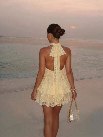 Firerie Women's Chiffon Elegant Butter Yellow Halter Tie Lace Mini Dress,Women Dating Dress,Women Night Out Dress,Summer Dresses For Women, Honeymoon Outfits Woman .Women Wedding Guest Dress. Island Vacation Outfits,Wedding Guest Dress Women ,Sun Dresses For Women ,Elegant Dresses For Party Birthday Dresses For Women Beach Outfit For Women Dress