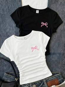 Girlism 2pcs/Set Tween Girl Black & White Bow Print Round Neck Short Sleeve T-Shirt - Black and White - View 1