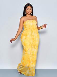 SOLERSUN 女士优雅纯色不对称领侧抽绳褶皱时尚亚麻质感连衣裙 - 黃色 - 查看 5