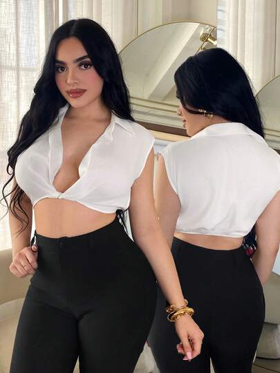 SHEIN SXY Blusa blanca sexy con diseño de torsión para mujer