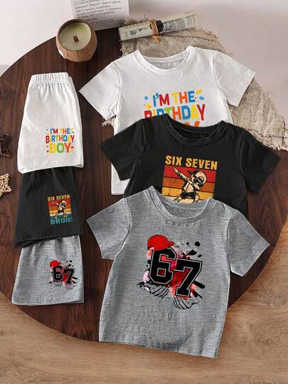 6件套男童T恤套装，字母和数字67印花，休闲舒适百搭，白色/灰色/黑色，适合春、夏、秋、冬四季穿着。