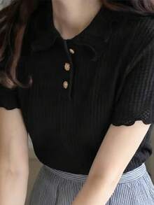 FRIFUL 女士华夫格针织半拉链 Polo 领纹理面料装饰领金属纽扣宽松 T 恤 夏季 - 黑色 - 查看 4