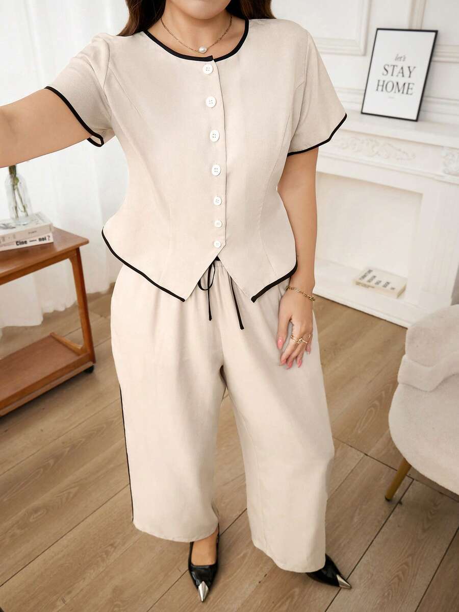 Levarali 2pcs/Set Plus Size Brown Contrast Trim Short Sleeve Shirt And Straight Leg Pants,Summer Elegant Smart Casual Everyday Gym Minimalist Outfits