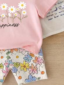 Bộ 2 món cho bé gái 4-7 tuổi: Áo thun ngắn tay in họa tiết hoa cúc và chữ "HAPPINESS" (Hạnh phúc) kèm quần short. Trang phục nhẹ nhàng, năng động và bắt mắt, phù hợp mặc hàng ngày, đi học, dự tiệc sinh nhật, dã ngoại, ngày thiếu nhi, mùa xuân/hè/thu. - Nhiều màu - Xem 6