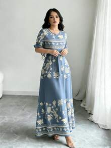 Modelyn 龟壳竹子、椰子树、散叶棕榈叶剪影图案三角形印花浅紫色连衣裙，女士时尚圆领短泡泡袖设计，配腰带，中长连衣裙，优雅夏季连衣裙 - 彩色 - 查看 4