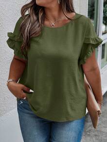 EMERY ROSE Plus Size Women Summer Casual Commuting Solid Color Ruffle Petal Sleeve Loose Blouse Latest Tops For Women New Arrivals Affordable Tops For Women Blouse For Women Casual Blouse For Women Casual Elegant Plain Tops For Women Blouses For Women - Army Green - View 3