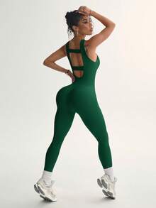SHEIN Sports 女士纯色弹力露背无缝连体裤 - 墨綠色 - 查看 2