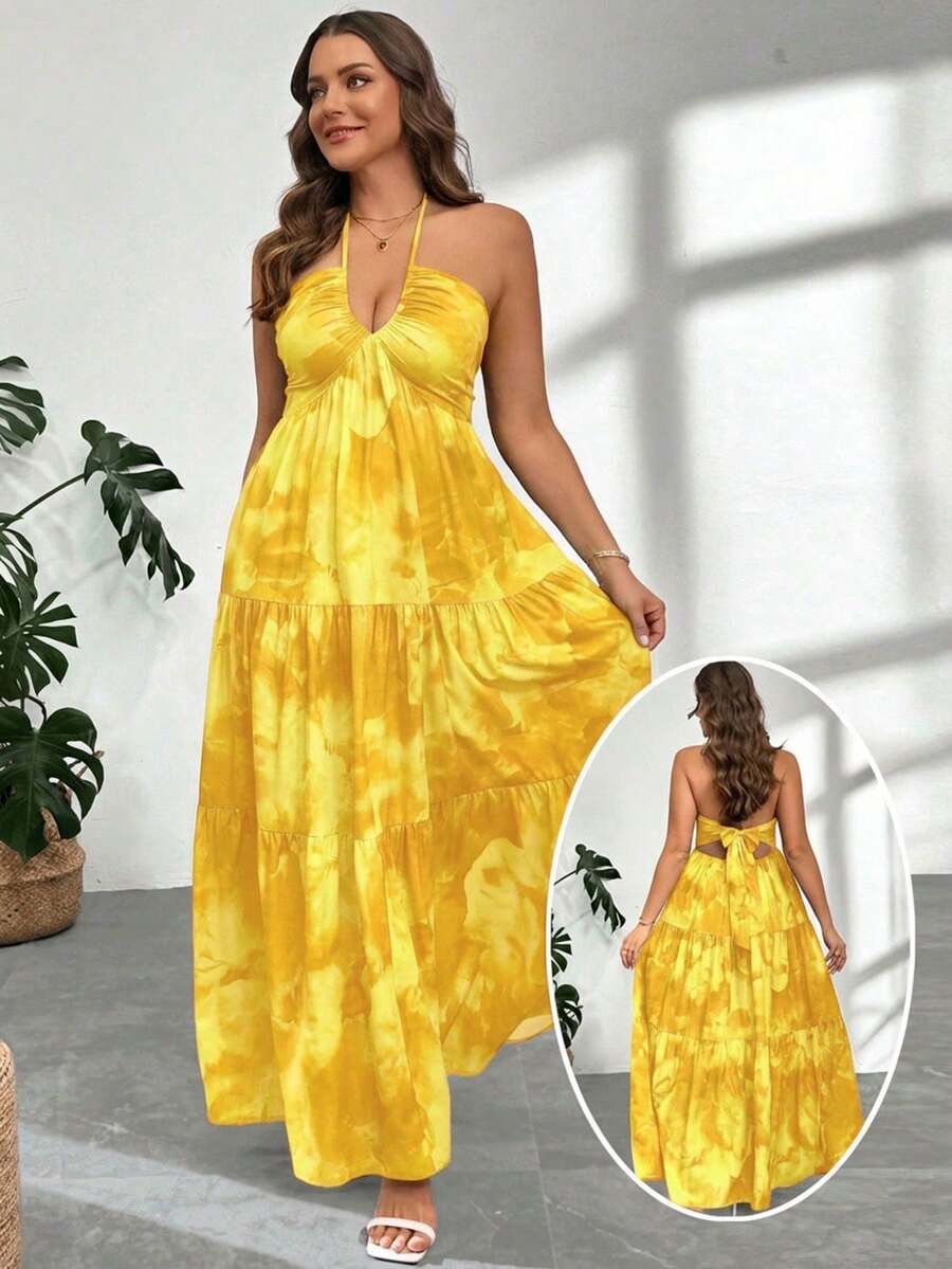 Firerie 大码扎染印花露背吊带连衣裙，休闲假日款 - 黃色 - 查看 1