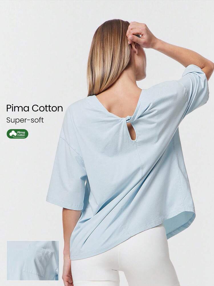 Vintage Washed Pima Cotton Twist Back Ultra-Soft Stretchy Breathable Mid-Length Sleeves Front Pocket Crewneck Tee Low-Impact Daily Casual Wear  Spring Summer