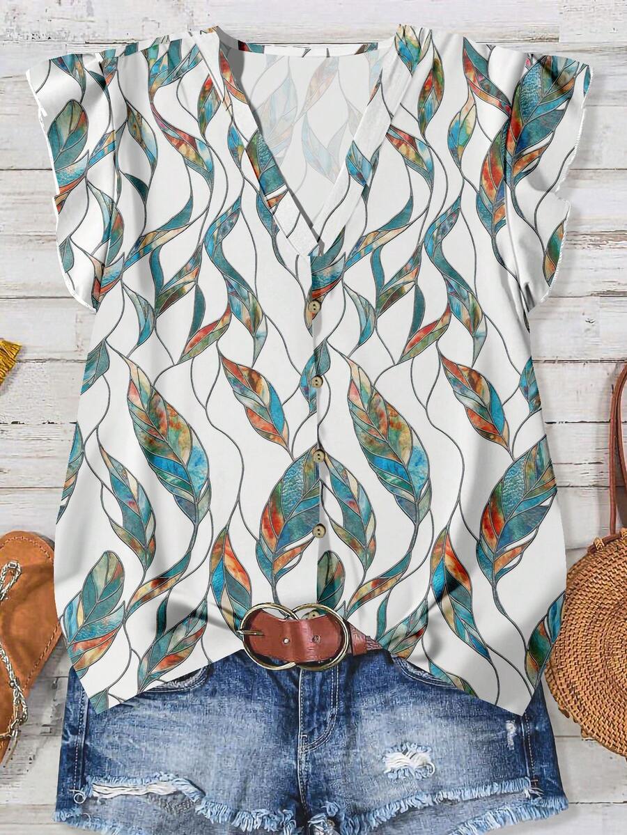 Rusticease Casual Minimalist Green Abstract Stained Glass Feather Print Pattern Women Shirt, Suitable For Summer - Multicolor - View 1