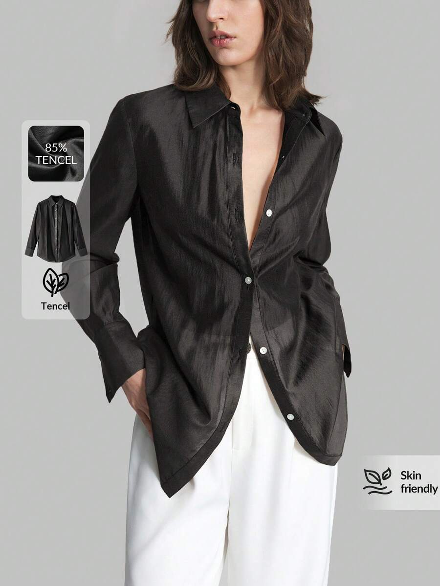 Ontre 2026春夏新款黑色纯色长袖休闲宽松基础款衬衫，适合通勤、休闲、商务、度假、海滩、生日派对、教师装、办公室穿着、春夏、情人节、感恩节、节日、婚礼宾客等场合，百搭女式衬衫 - 黑色 - 查看 1