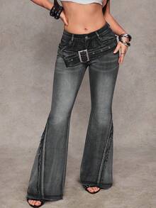 Jeanoix 女士Y2K时尚街头休闲通勤搭扣腰带毛边水洗喇叭牛仔裤 - 黑色 - 查看 5