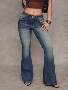 Jeanoix Women's Casual Washed Low-Waist Flare Jeans - Blue - View 8