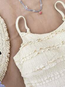 Kids Tween Girls Cream White Summer Holiday Outfits Knit Jacquard Textured Camisole Top,Ruffle Hem A-Line Skirt Shorts 2-Piece Tropical Vacation Set - Apricot - View 7