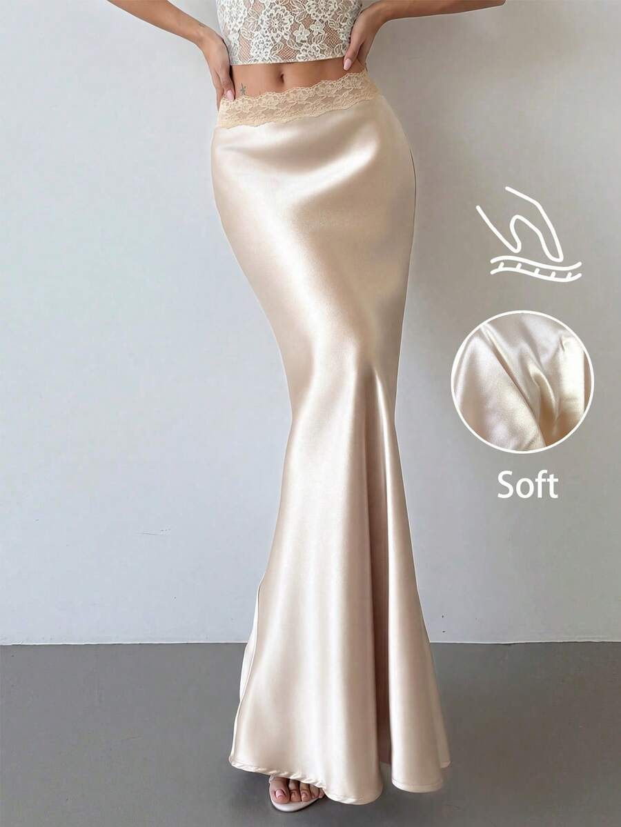 Aloruh 杏色性感低腰蕾丝拼接半身裙，浪漫约会和情人节 - 杏色 - 查看 1