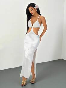 SHEIN PETITE 女士夏季度假装扮，贝壳金属装饰高开衩连衣裙，白色女式连衣裙 - 白色 - 查看 5