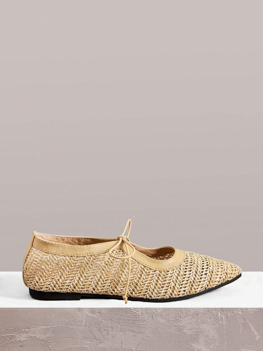 Styleloop Zapatos planos de mujer tipo slip-on, con decoración de lazo, de tela de paja trenzada, estilo BOHO de vacaciones, retro estadounidense bohemio, para fiestas y festivales de música western, con talón abierto tipo mule, adecuados para la temporada de vacaciones, primavera/verano - Beige claro - Ver 1