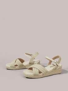 Styleloop Women's Woven Wedge Sandals, Open Toe French Style Vacation Straw Sole Beige Sandals, Suitable For Outings, Vacations, And Travel - Apricot - View 3