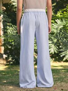 Open Phase Men's Woven Striped Loose Wide-Leg Casual Straight Pants, Going Out Long Drawstring Baggy Basic Light Blue Slacks Pants, Fits Daily Wear, Husband, Boyfriend Gifts, Fall - Baby Blue - View 2