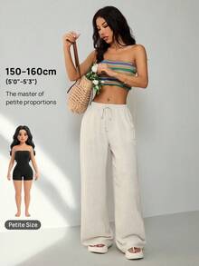 SHEIN PETITE 休闲百搭纯色直筒裤 - 米色 - 查看 8