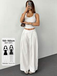 SHEIN PETITE 女士夏季复古休闲街头风外出宽松军绿色弧形裤脚长裤白色阔腿裤 - 白色 - 查看 9