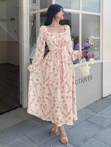 Feyla Women's Elegant Floral Print Ruffle Trim Square Neck Waist Cinched Mid-Length Dress, Spring/Autumn - Pink - View 3