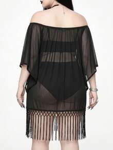 ROMWE Asymmetrical Hem Fringed Off Shoulder Sheer Blouse, Plus Size Boho Goth Dark Forest Festival Outfits For Women - Black - View 4