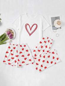 SHEIN Cottonline Round Neck Cute Heart Print Detailed Casual 3 Pieces Comfortable Pajama Set - White - View 3