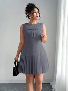 Elenzga Đầm midi không tay buộc eo kiểu công chúa thanh lịch cỡ lớn cổ tròn xếp ly vải lanh, thời trang & tôn dáng khi chụp ảnh, màu hồng - Xám - Xem 5