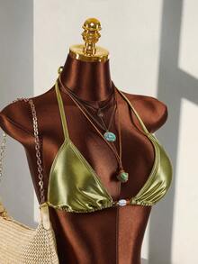 Amplova 女士泳衣套装，偏光闪亮三角系带串珠泳衣，可爱复古Y2K迷你套装，适合海滩度假 - 綠色 - 查看 6