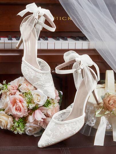 CUCCOO HITCHD Pointed Toe Lace Bow High Heel Wedding Party Elegant Breathable Women Pumps For Christmas Elegant Shoes Wedding Shoes Summer Shoes Bride Shoes