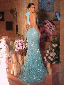 Glamrae 优雅奢华亮片花卉性感深V露背美人鱼礼服，适合婚礼、派对、度假、晚宴、正式场合。 - 薄荷綠 - 查看 1