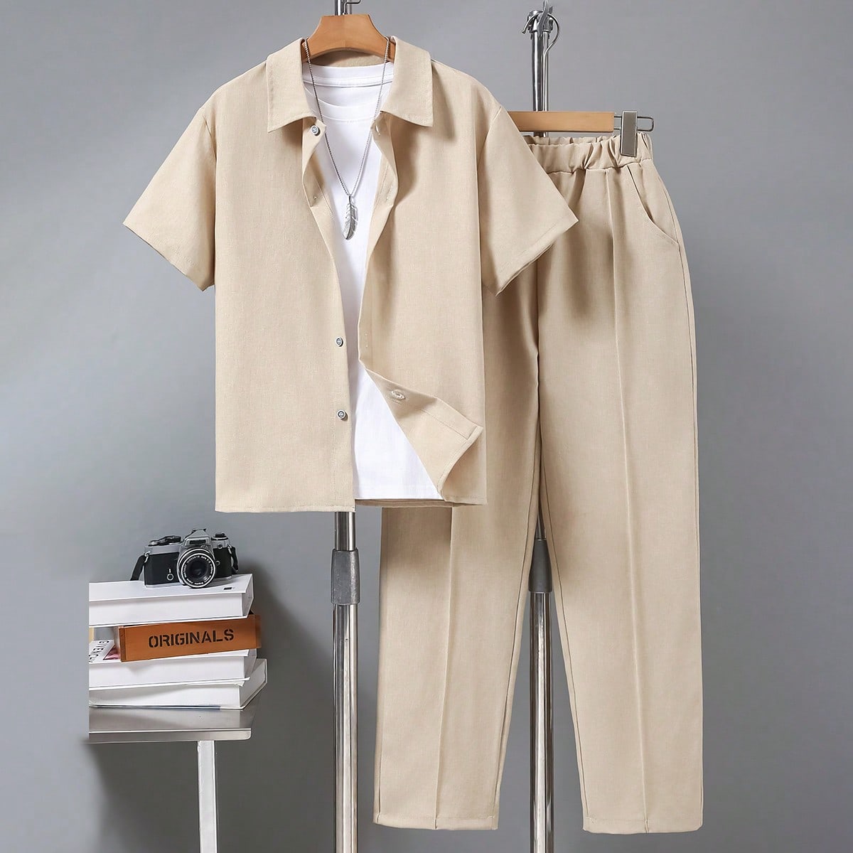 Set de 2 piezas: Camisa polo de manga corta casual de verano y pantalones rectos para niños adolescentes