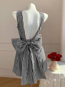 Vestido mini de mujer con decoración de lazo a cuadros - Blanco y Negro - Ver 4