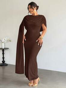 Plus Size Comfortable Casual Elegant Vacation Beach Music Festival Ruched Neck Commute Work Office Chiffon Elastic Slimming Dress For Women, Spring/Summer - Brown - View 3