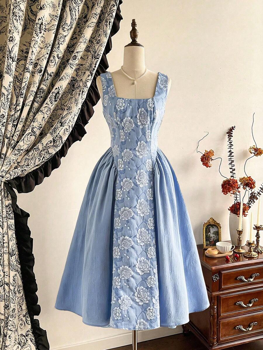 Vintamour 复古经典优雅女士连衣裙，春夏修身拼接连衣裙，提花喇叭裙，蓝色方领连衣裙 - 藍色 - 查看 1